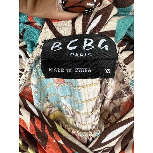 BCBG Paris Tropical Flowers Leaves Twisted Straps Smocked Waist Maxi Dress XS - Picture 4 of 6